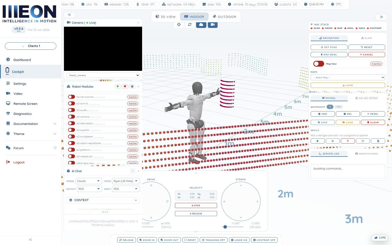 A2 Ultra Cockpit — live 3D view with LiDAR point cloud, drive controls and AI chat